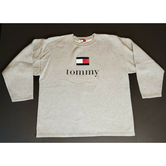 Tommy Hilfiger Gray Crew Neck Big Flag Pullover Sweater Size XL Grey Vintage - Picture 1 of 8